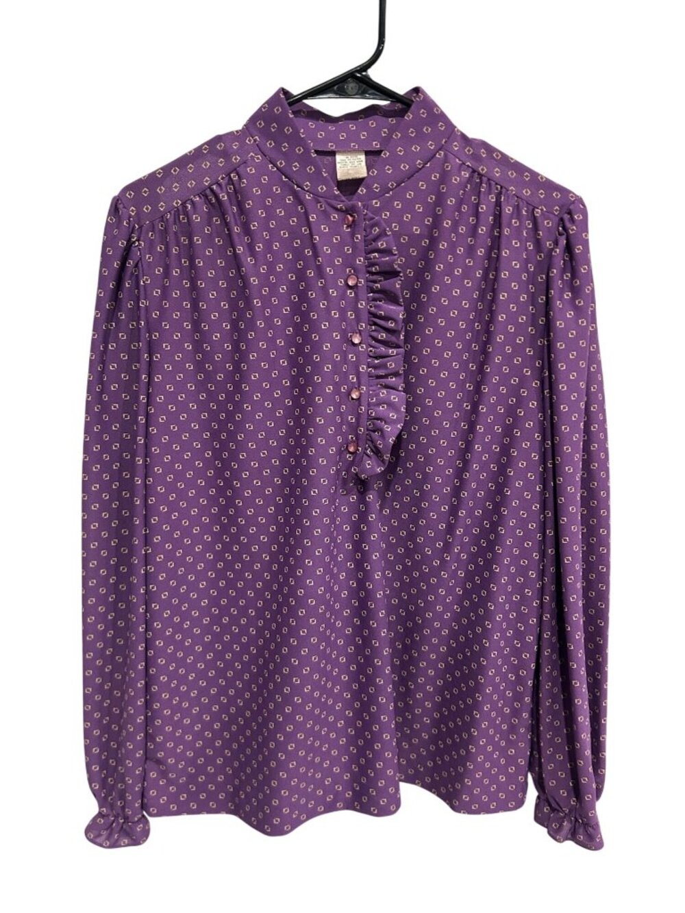 Vintage Plum Ruffle Large Blouse Geometric Print Long Sleeves Retro Romanticcore